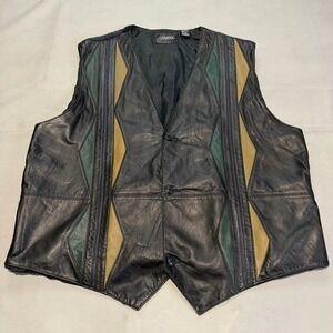 VTG 90s Mens 3X Tall Leather Coogi Cable Knit Vest Black Geometric Patchwork6475